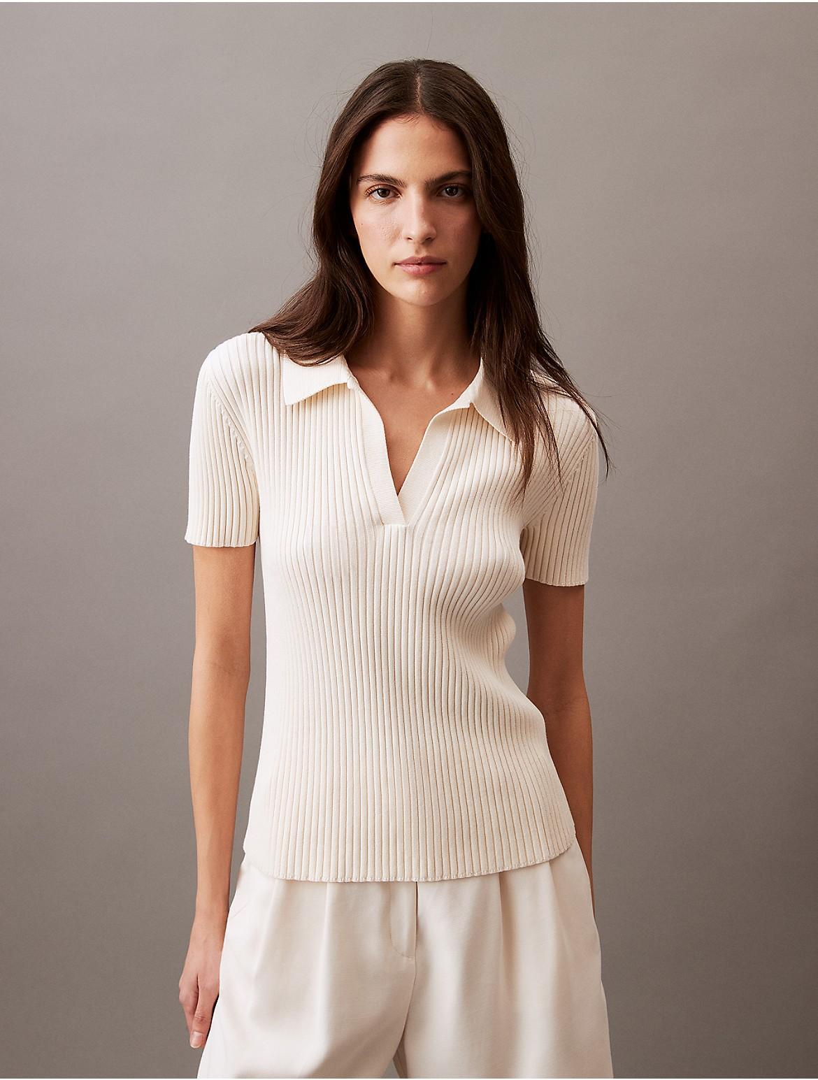 Calvin Klein Women's Smooth Cotton Rib Sweater Polo Shirt - White - L Product Image