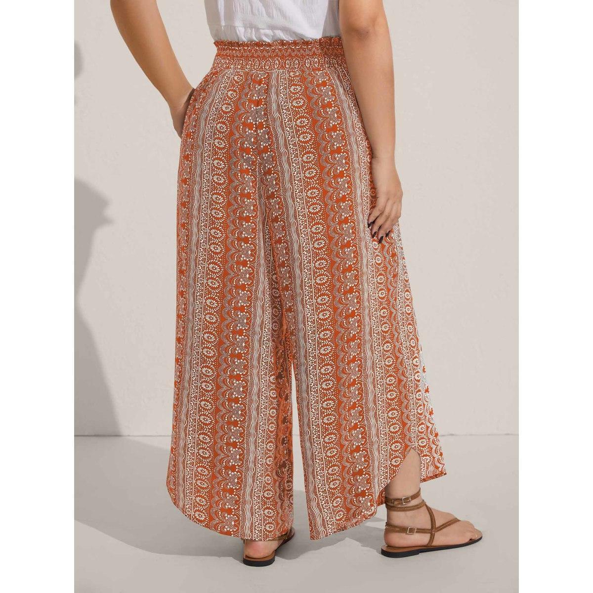 Plus Size Boho Print Shirred Waist Wide-Leg Pants Women Lilac Resort Wide Leg Mid Rise Vacation Pants BloomChic 26/4X Product Image