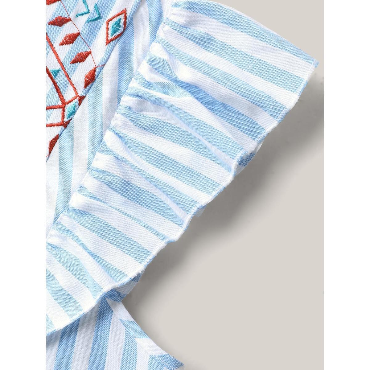 Plus Size Skyblue Embroidered Stripe Neck Tie Blouse Women Cap Sleeve Notched collar Vacation Blouses BloomChic 22-24/3X Product Image