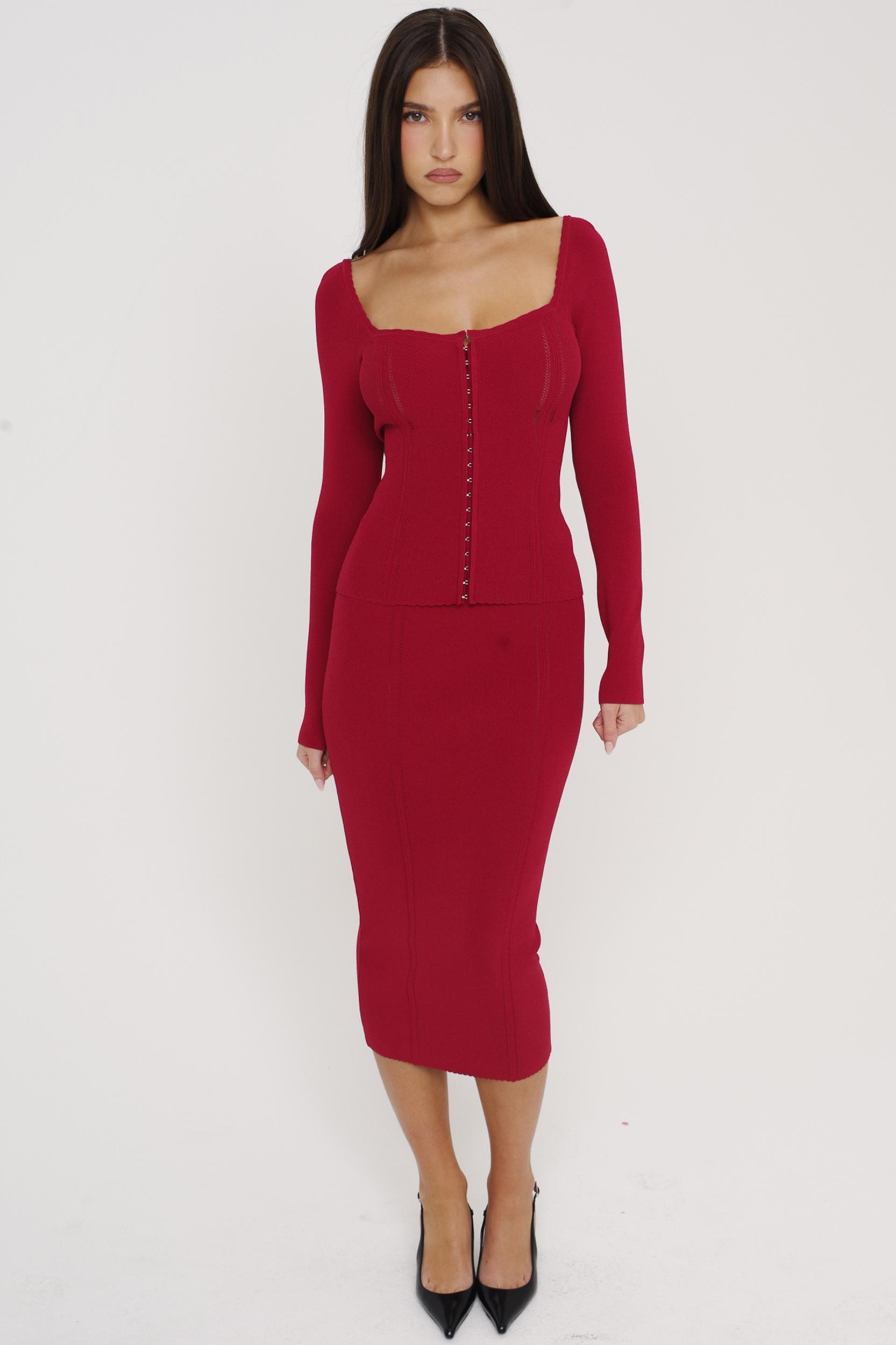 Eliane  red bodycon knitted midi skirt Product Image