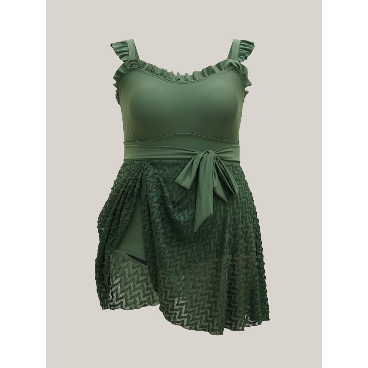 Plus Size Frill Trim Belted Fit Flare Swim Dress Women's Swimwear Moss Beach Bodycon Heart neckline High stretch Curve Swim Dresses BloomChic 12/L Product Image