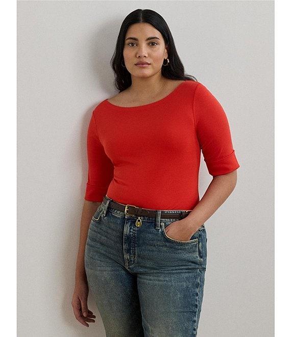 Lauren Ralph Lauren Plus Size Stretch Cotton Boat Neck Short Folded Elbow Sleeve Top Product Image