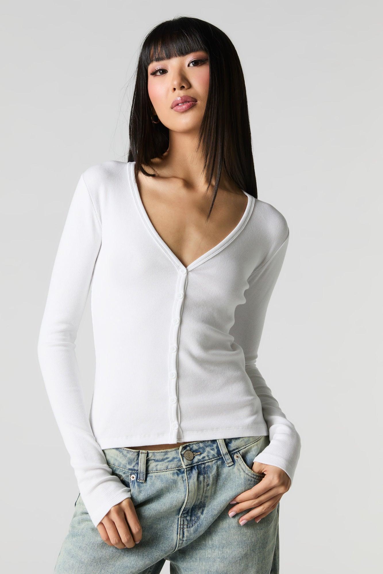 Ribbed V-Neck Button-Up Top Female Product Image