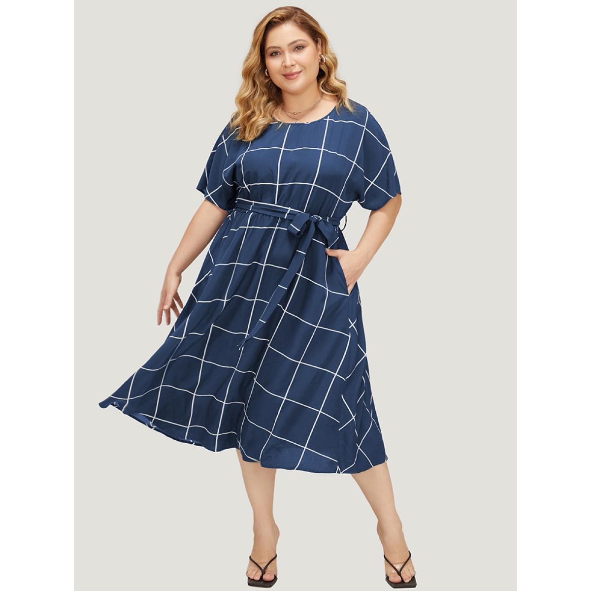 Plus Size Plaid Print Pocket Belted Ruffle Hem Dolman Sleeve Dress DarkBlue Women Office Cross straps Round Neck Short sleeve Curvy Midi Dress BloomChic 10/M Product Image