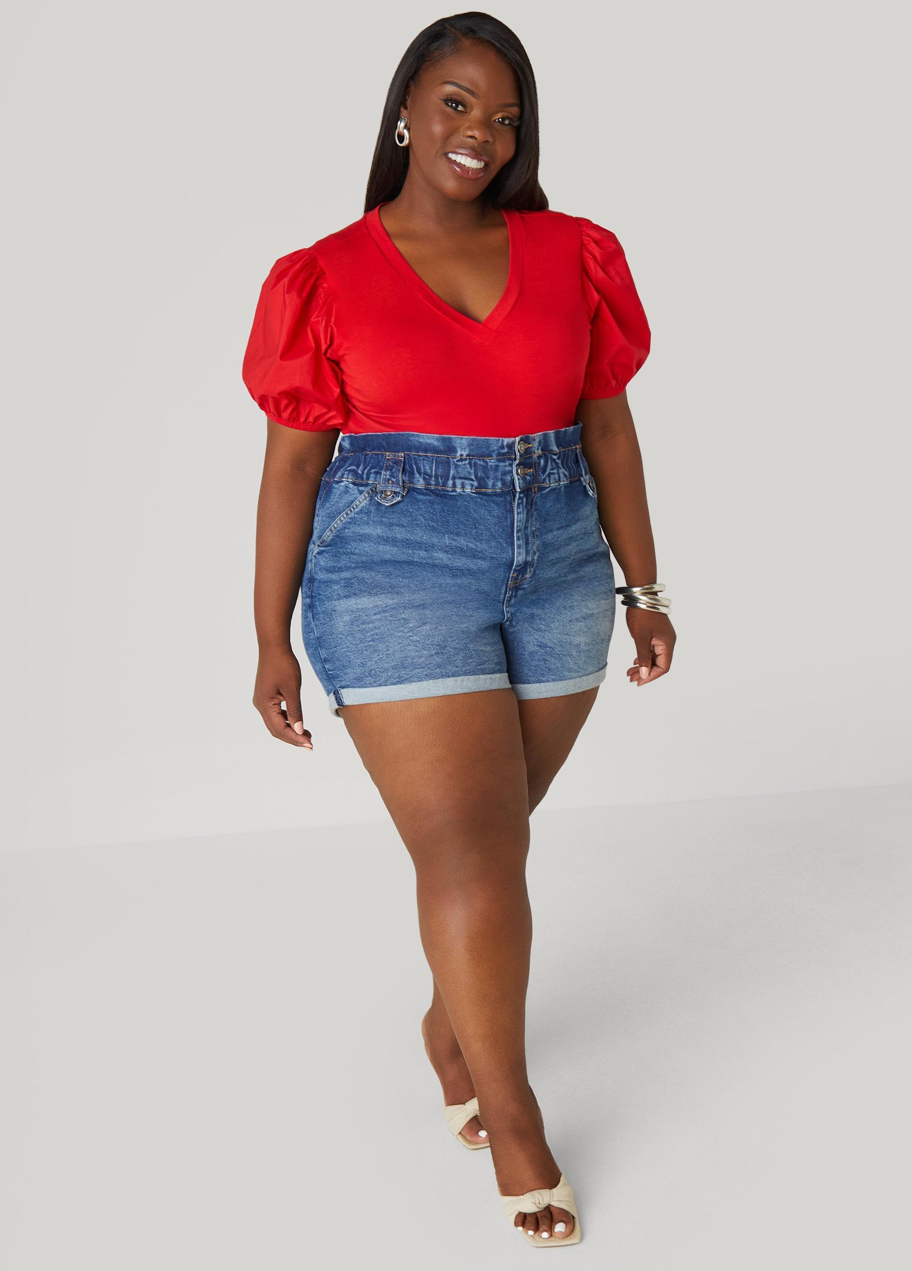 Puff Sleeve Paneled V Neck Tee Product Image