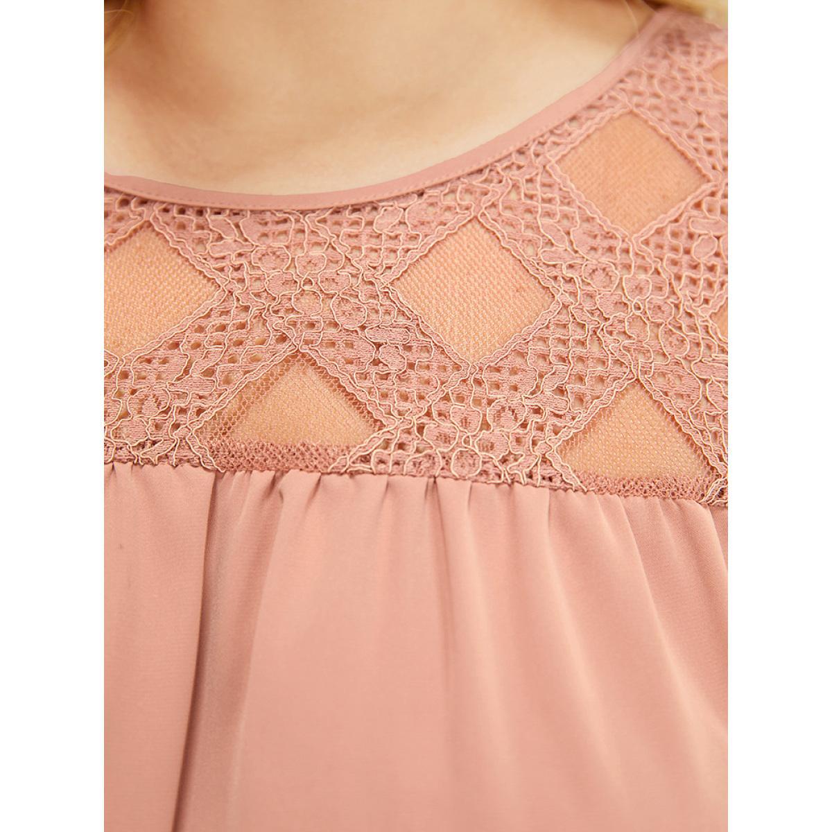 Plus Size DustyPink Solid Lace Mesh Panel Bell Sleeve Blouse Women Elegant Elbow-length sleeve Round Neck Dailywear Blouses BloomChic 26/4X Product Image