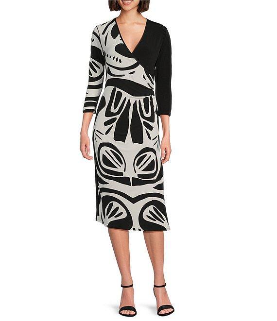 Eva Varro Abstract Print and Solid Combo Knit Jersey V-Neck 3/4 Sleeve Faux-Wrap Dress Product Image