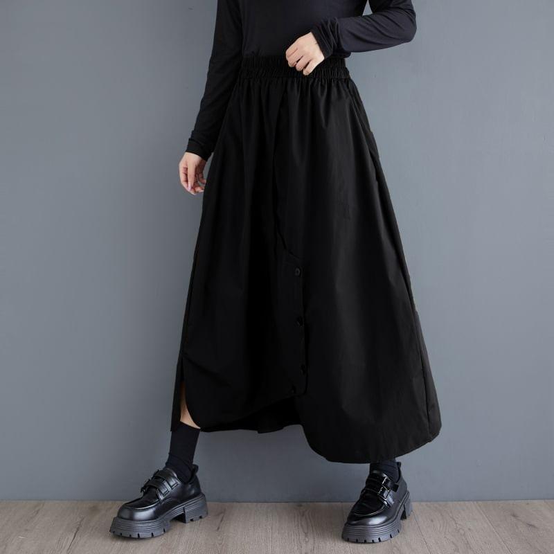 Elastic Waist Plain Asymmetrical Buttoned Slit Midi A-Line Skirt Product Image