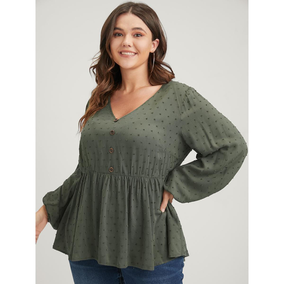 Plus Size ArmyGreen Polka Dot Flutter Button Detail Lantern Sleeve Blouse Women Elegant Long Sleeve V-neck Dailywear Blouses BloomChic 18-20/2X Product Image