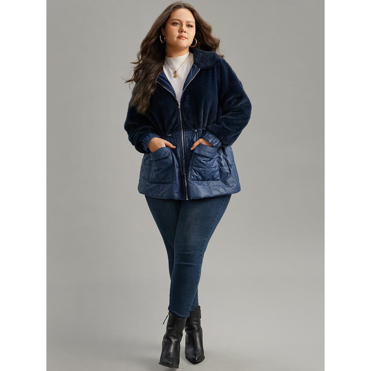 Plus Size Fuzzy Patchwork Zipper Drawstring Coat Women Indigo Casual Plain Ladies Dailywear Winter Coats BloomChic 30/6X Product Image