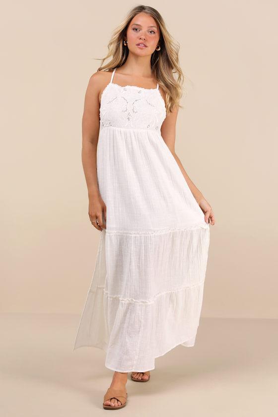 Lisbon White Embroidered Tiered Maxi Dress Product Image