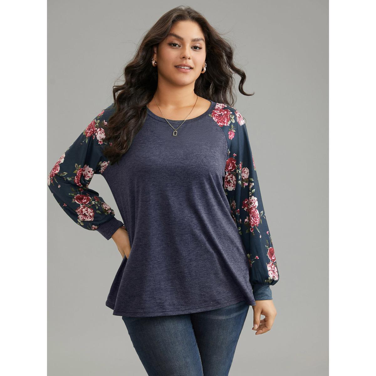Plus Size Floral Patchwork Crew Neck Raglan Sleeve T-shirt DarkBlue Women Elegant Printed Floral Round Neck Dailywear T-shirts BloomChic 22-24/3X Product Image