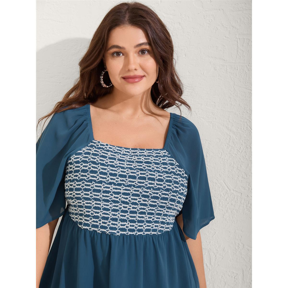 Plus Size Aegean Shirred Ruffled Sleeve Color Contrast Blouse Women Half Sleeve Square Neck Vacation Blouses BloomChic 26/4X Product Image