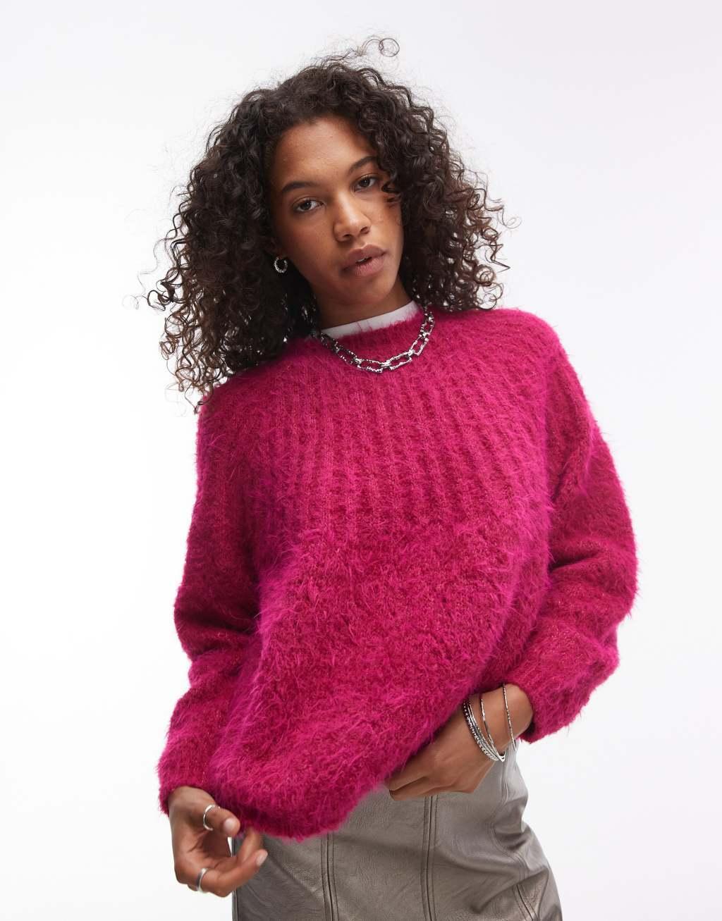 Topshop knitted super fluffy rib detail relaxed sweater in magenta Product Image