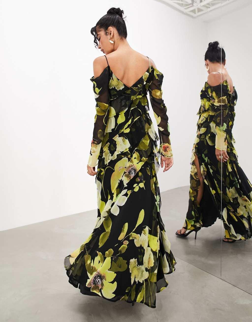 ASOS EDITION long sleeve bias cut maxi dress with raw edge frills Product Image