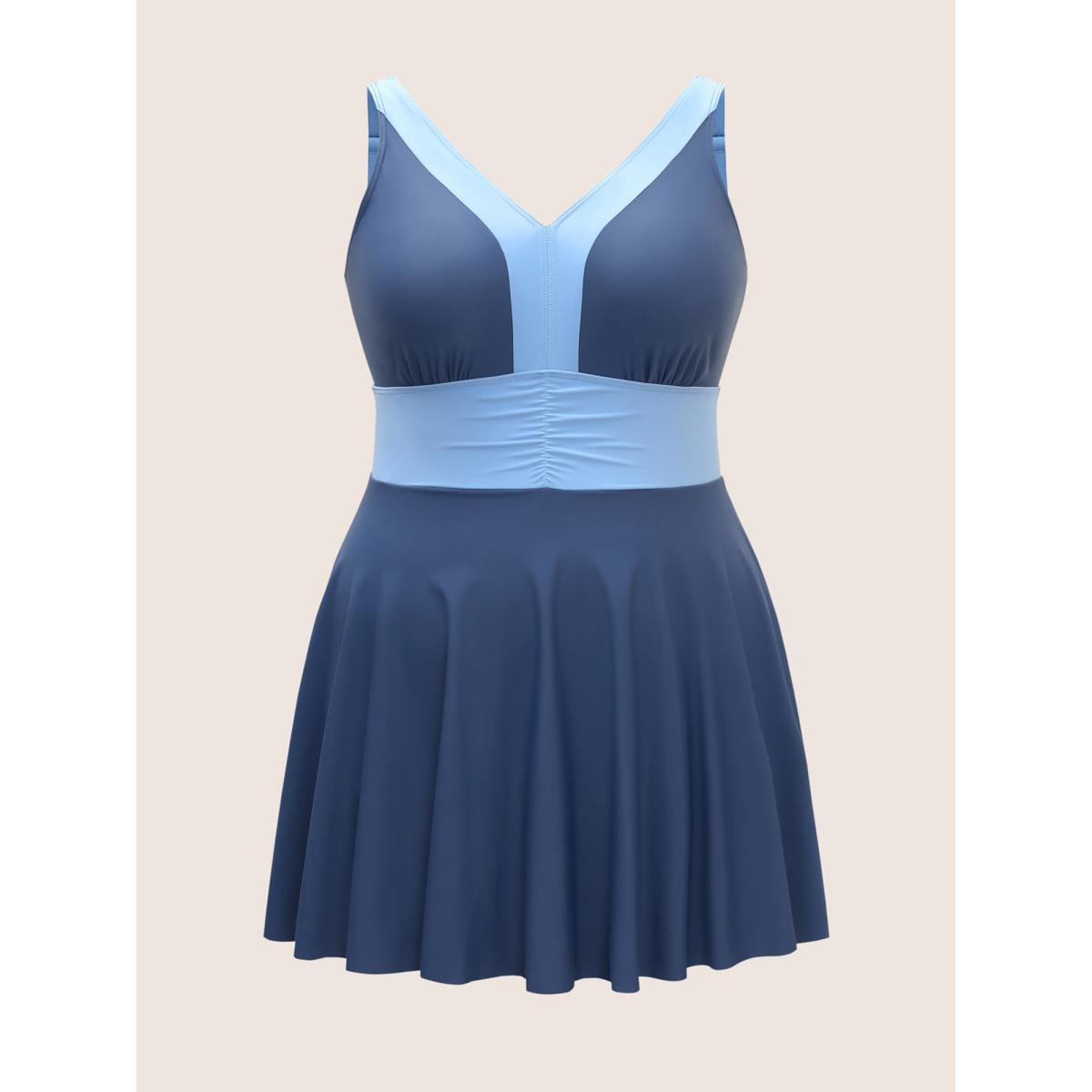 Plus Size Two Tone Patchwork Gathered Swim Dress Women's Swimwear Aegean Beach Bodycon V-neck High stretch Curve Swim Dresses BloomChic 28/5X Product Image