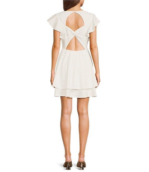 Next Up Short Flutter Sleeve V-Neck Back Twist Cut Out Loop And Button Solid Dress Product Image