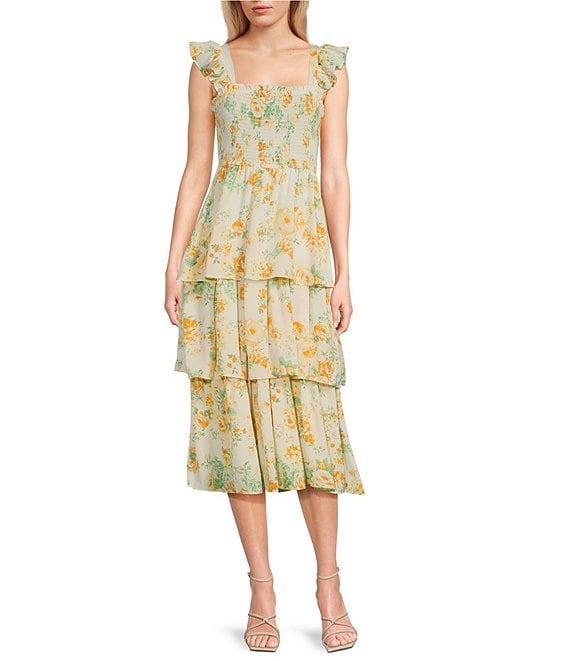 Blu Pepper Sleeveless Smoke Floral Tiered Ruffle Midi Dress Product Image