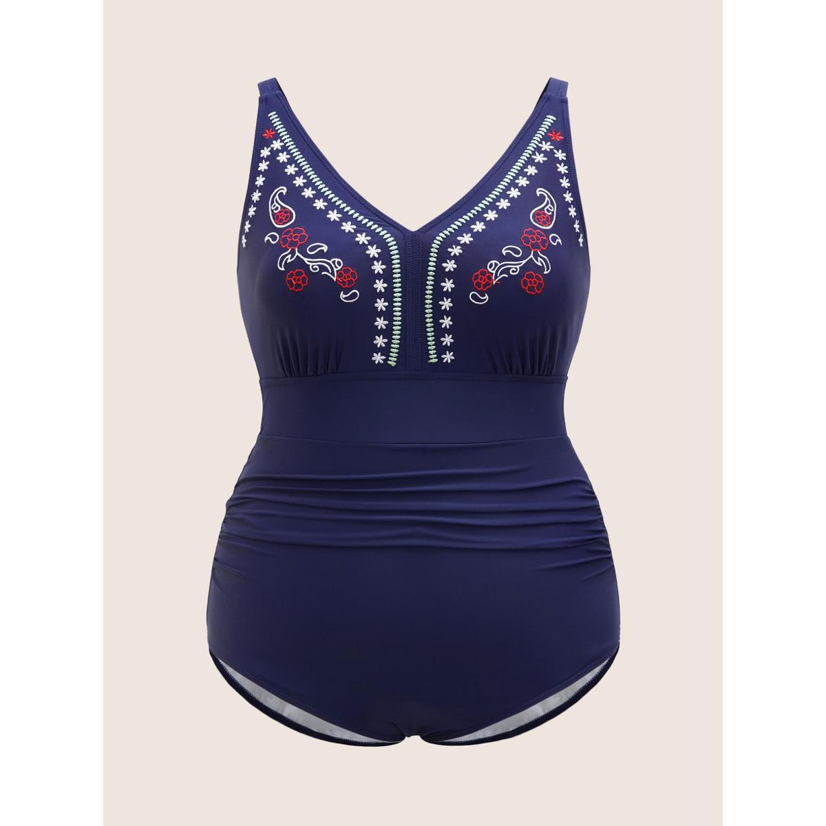 Plus Size V Neck Floral Embroidered Ruched One Piece Swimsuit Women's Swimwear Indigo Beach Gathered Curve Bathing Suits High stretch One Pieces BloomChic 18-20/2X Product Image