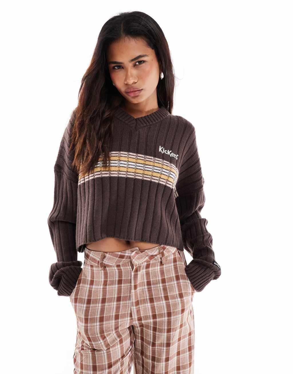 Kickers cropped knit cricket sweater with embroidered logo in brown Product Image
