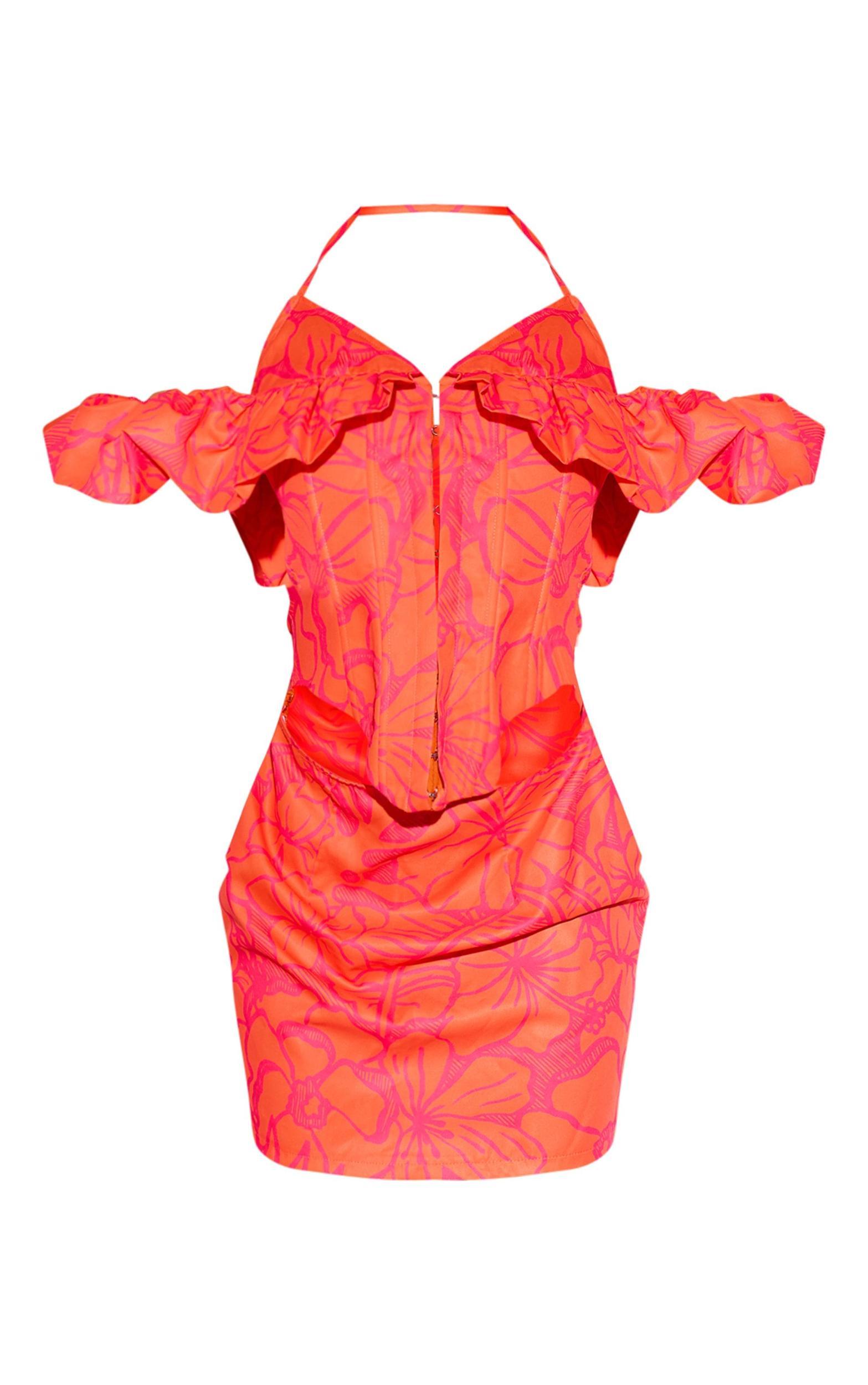 Orange Abstract Print Corset Frill Detail Mini Dress Product Image
