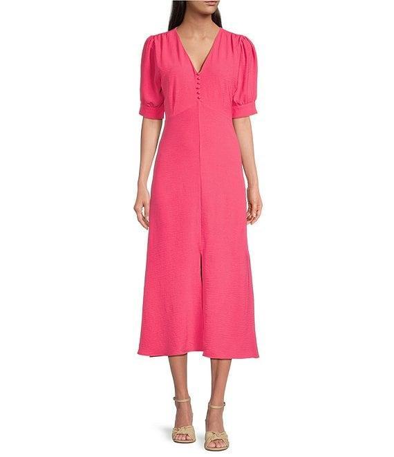 Leslie Fay Short Sleeve V-Neck Empire Waist Midi Dress Product Image