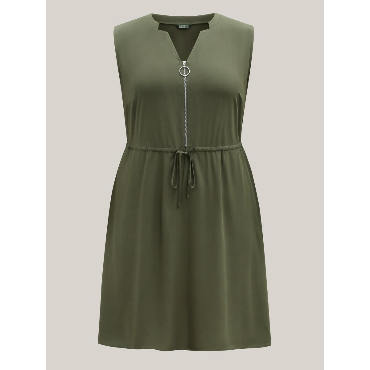 Plus Size Rayon Zipper Front Waist-Tie Midi Dress DarkGreen Women V-neck Sleeveless Curvy BloomChic 22-24/3X Product Image