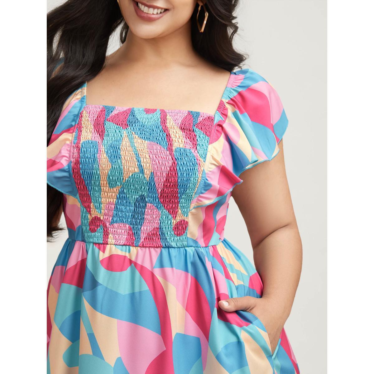 Plus Size Flutter Sleeve Color Block Shirred Stretchy Midi Dress Multicolor Women Casual Shirred Square Neck Cap Sleeve Curvy BloomChic 10/M Product Image