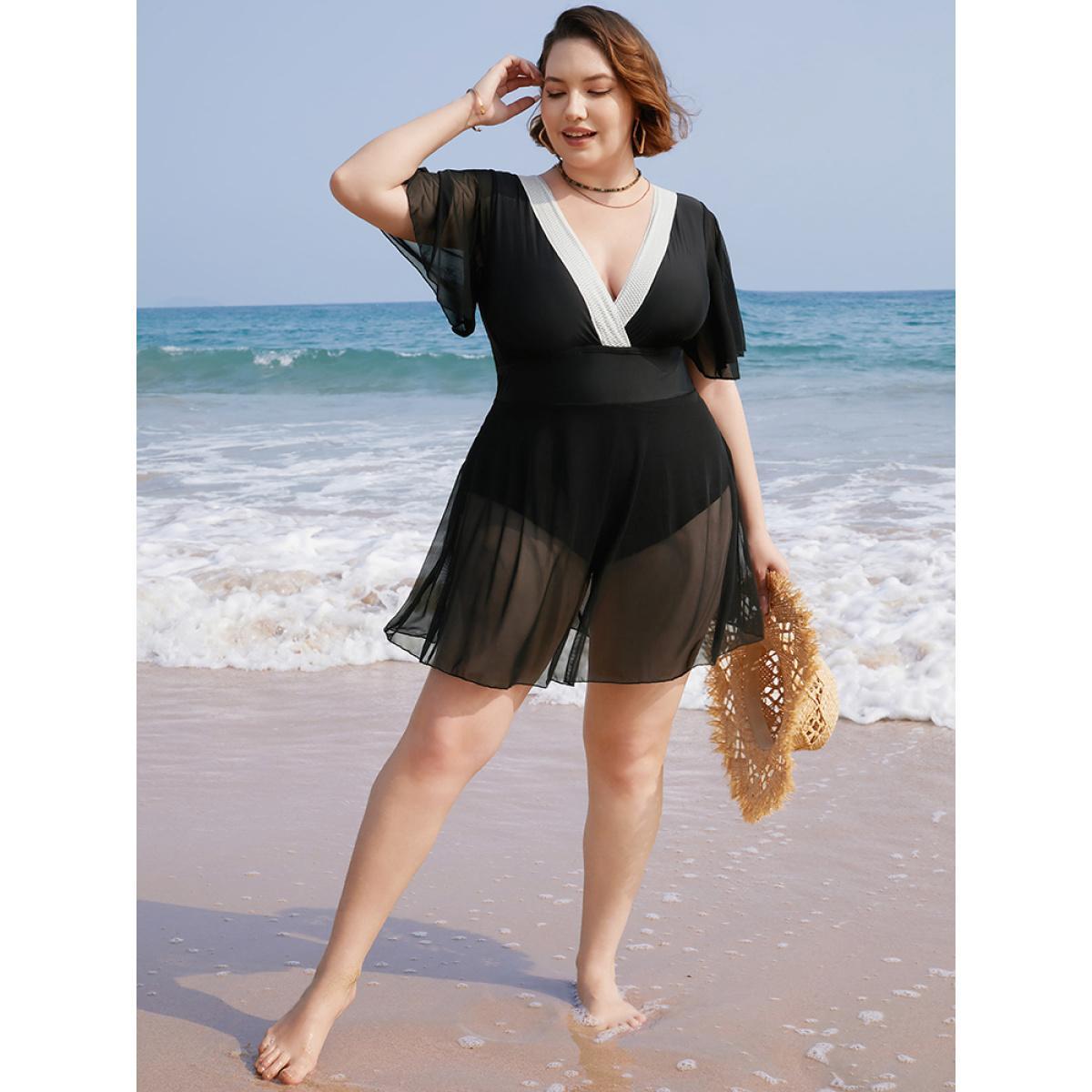 Plus Size Contrast Lace Knot Back Mesh Ruffle Swim Dress Women's Swimwear Black Vacation Bodycon Deep V-neck High stretch Curve Swim Dresses BloomChic 26/4X Product Image