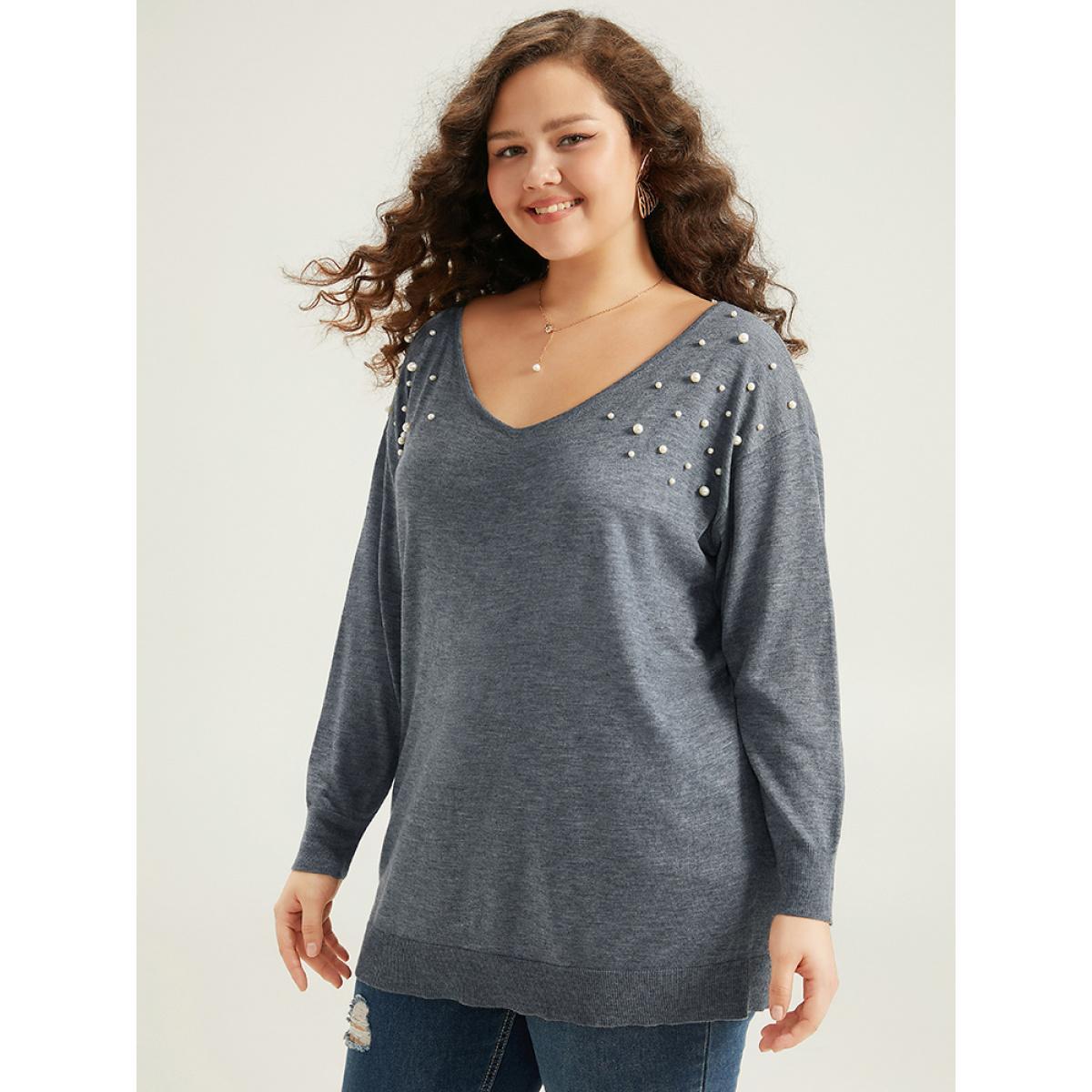 Plus Size Supersoft Essentials Heather Pearl Beaded V Neck Pullover SlateGray Women Casual Loose Long Sleeve V-neck Dailywear Pullovers BloomChic 28/5X Product Image