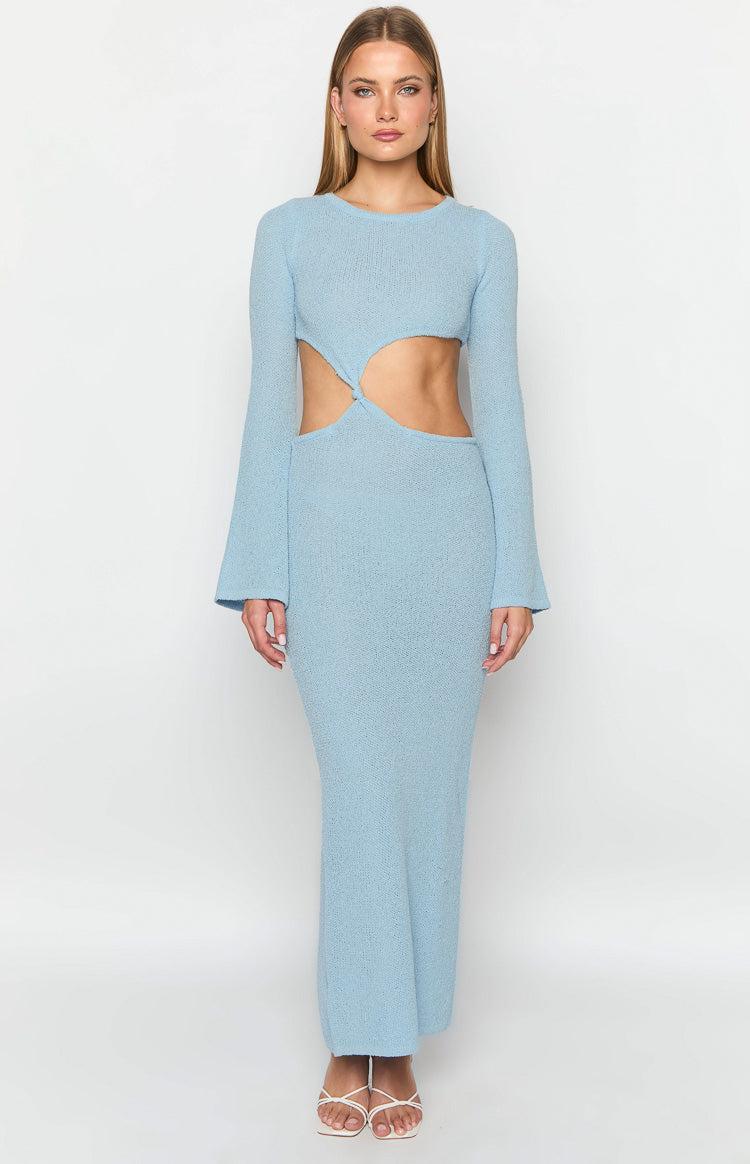 Arya Blue Long Sleeve Knit Maxi Dress Product Image