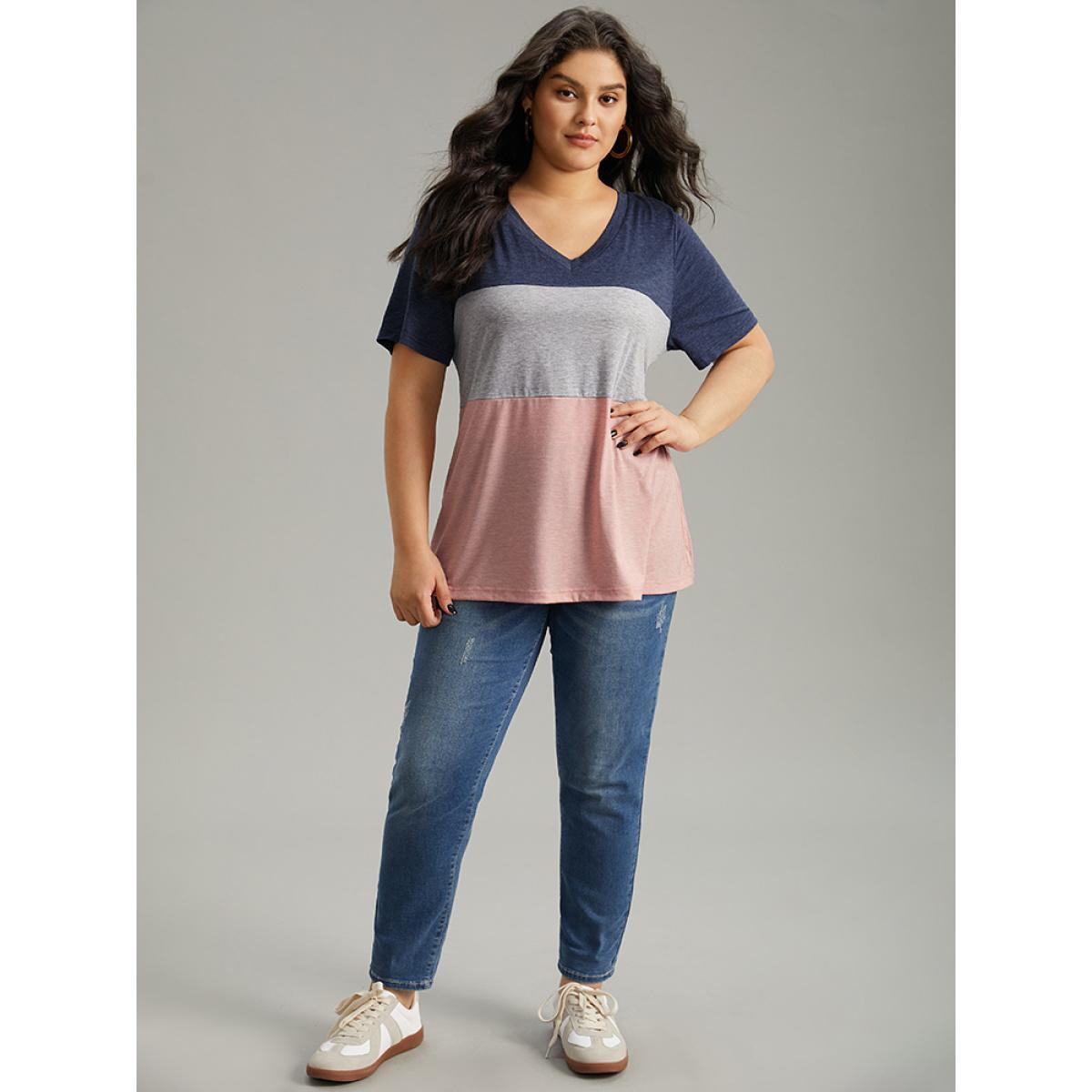Plus Size Colorblock Contrast V Neck T-shirt Multicolor Women Casual Contrast Plain V-neck Dailywear T-shirts BloomChic 22-24/3X Product Image