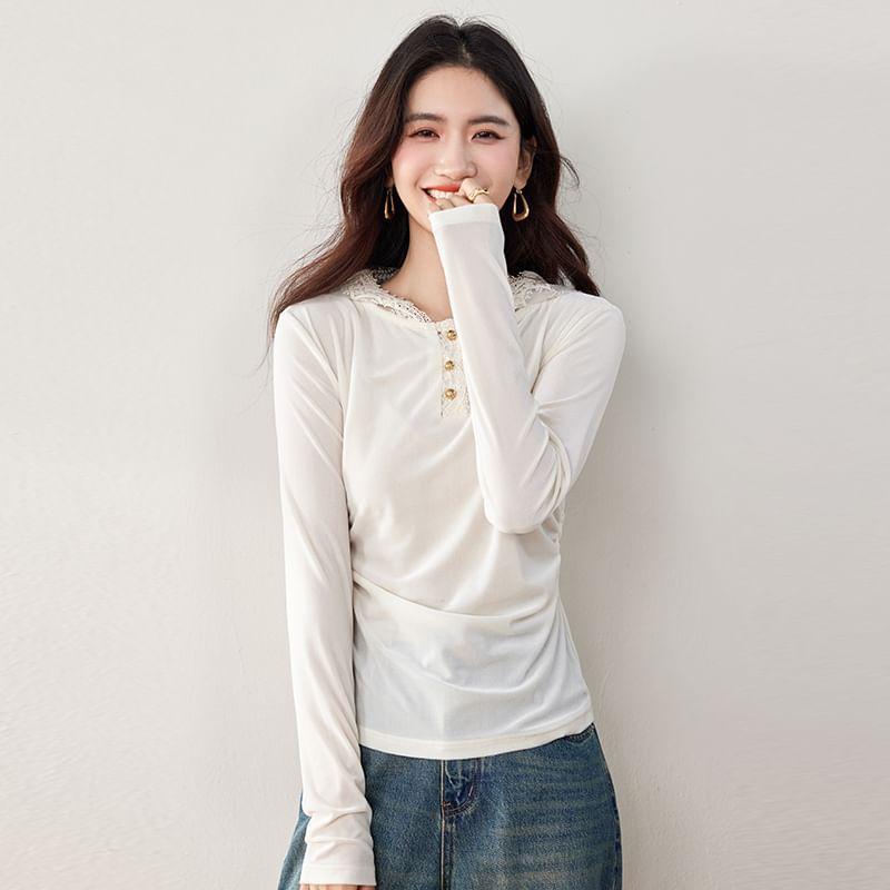 Long-Sleeve Henley Plain Lace Trim Hooded Slim Fit T-Shirt Product Image