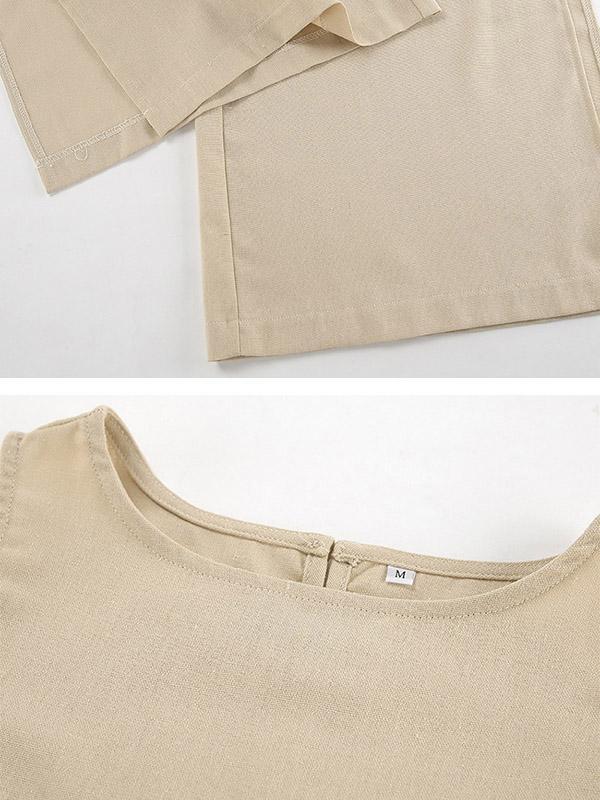 Loose Elasticity Solid Color Split-Joint Round-Neck Vest + High Waisted Split-Side Pants Two Pieces Set Product Image