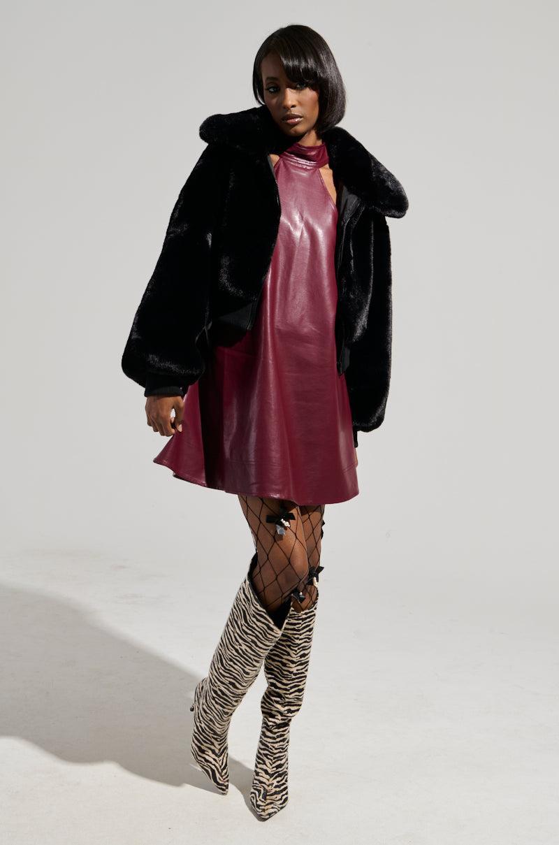 TAKE IT EASY PU MINI DRESS IN BURGUNDY Product Image