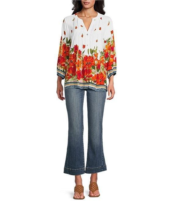 Figueroa & Flower Woven Floral Border Print Mandarin Collar 3/4 Sleeve Button Front Blouse Product Image