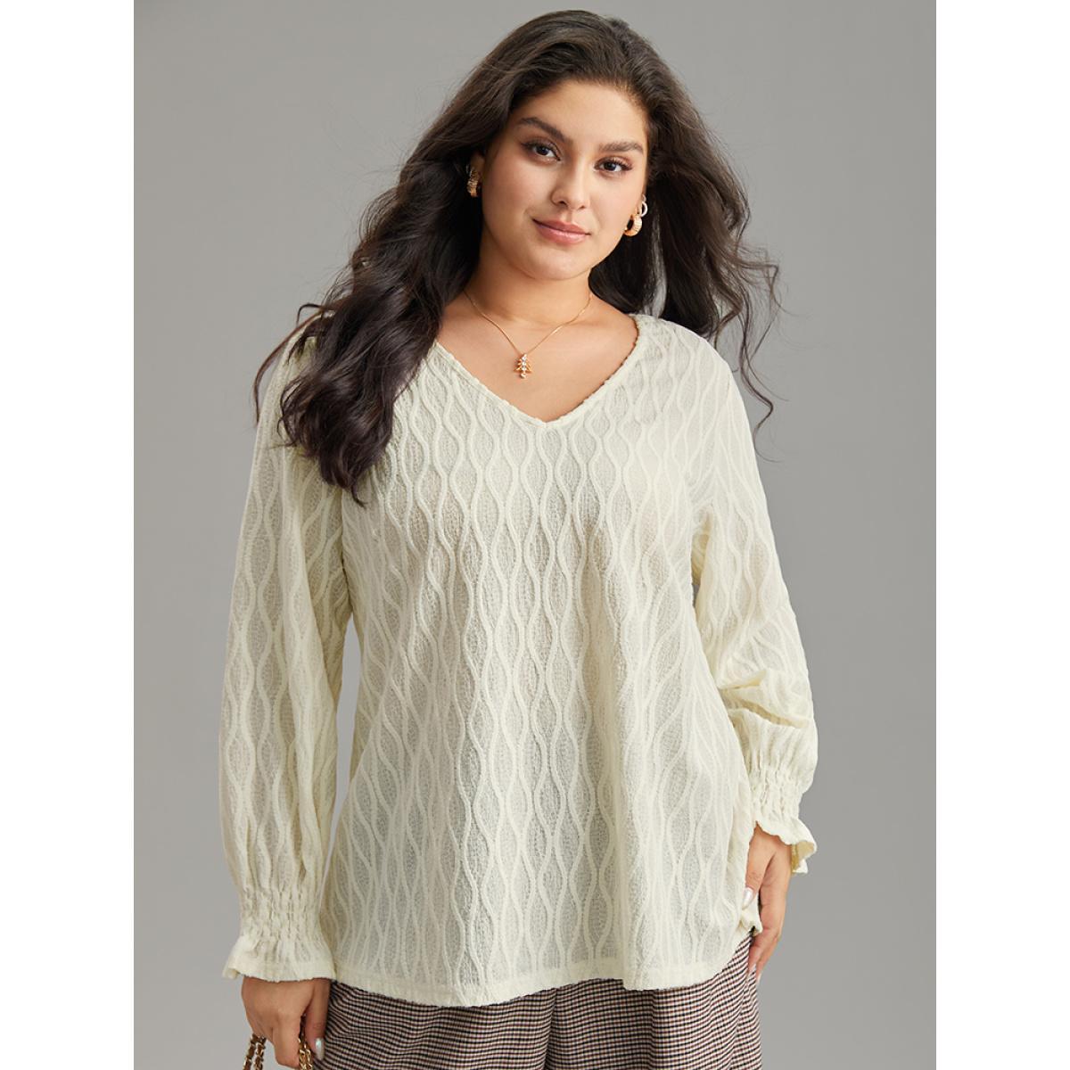 Plus Size Beige V Neck Solid Textured Shirred Blouse Women Office Long Sleeve V-neck Work Blouses BloomChic 12/L Product Image