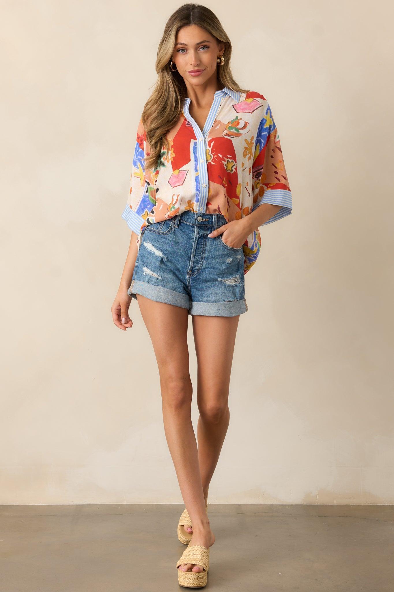 Sunset Tides Red Multi Tropical Print Button Front Top Product Image