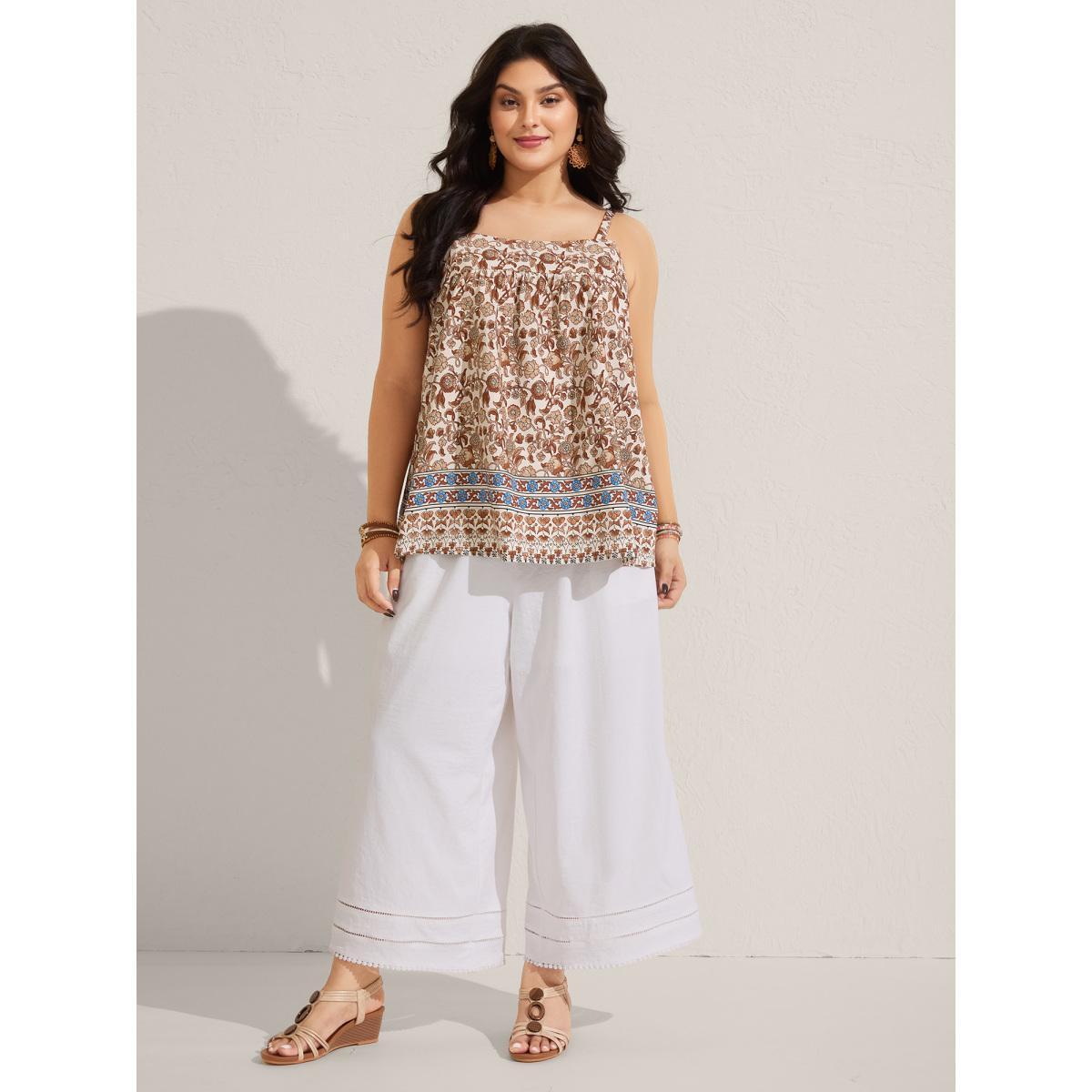 Plus Size Boho Print Pleated Tank Top Women Yellowishbrown Gathered Non Vacation Tank Tops Camis BloomChic 14-16/1X Product Image