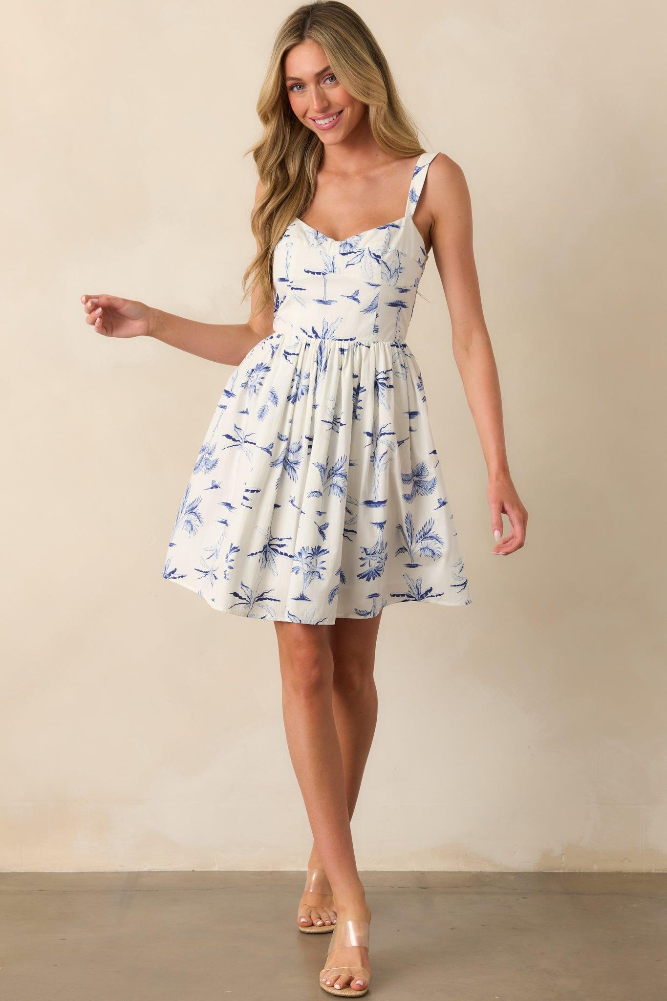 Where The Tide Takes Me Blue Palm Tree Print Cotton Mini Dress Product Image