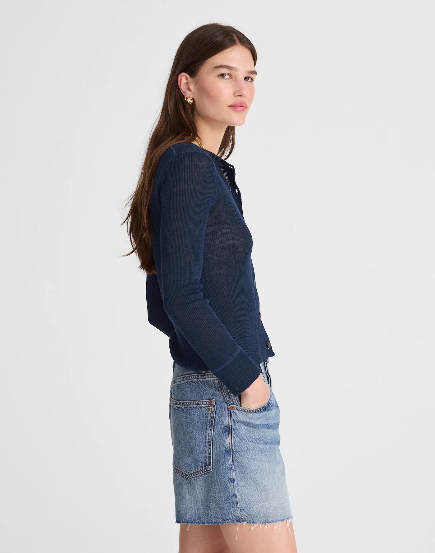 Linen-Blend Crewneck Cardigan Product Image