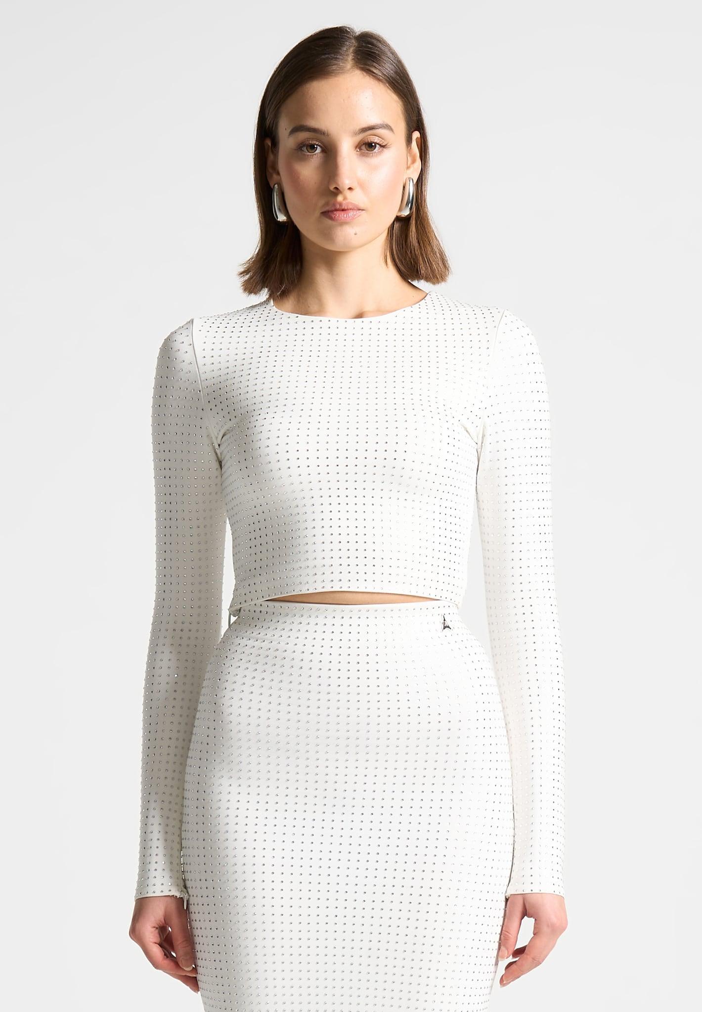 Rhinestone Long Sleeve Bandage Top - White Female Product Image