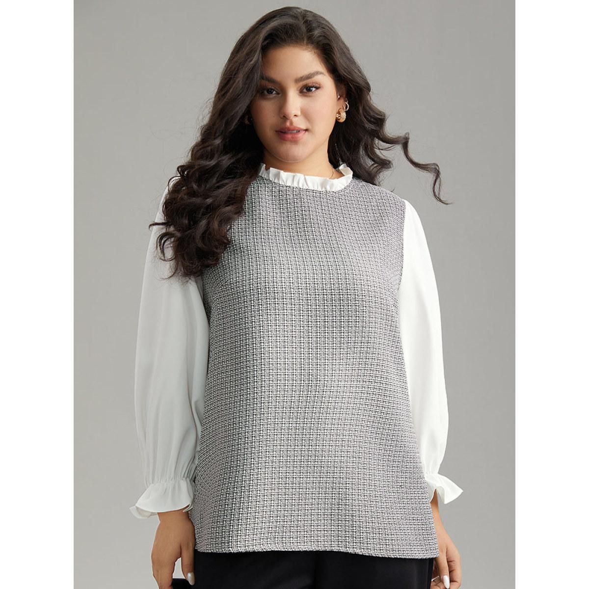 Plus Size White Gingham Ruffles Patchwork Frill Trim Blouse Women Office Long Sleeve Stand-up collar Work Blouses BloomChic 18-20/2X Product Image