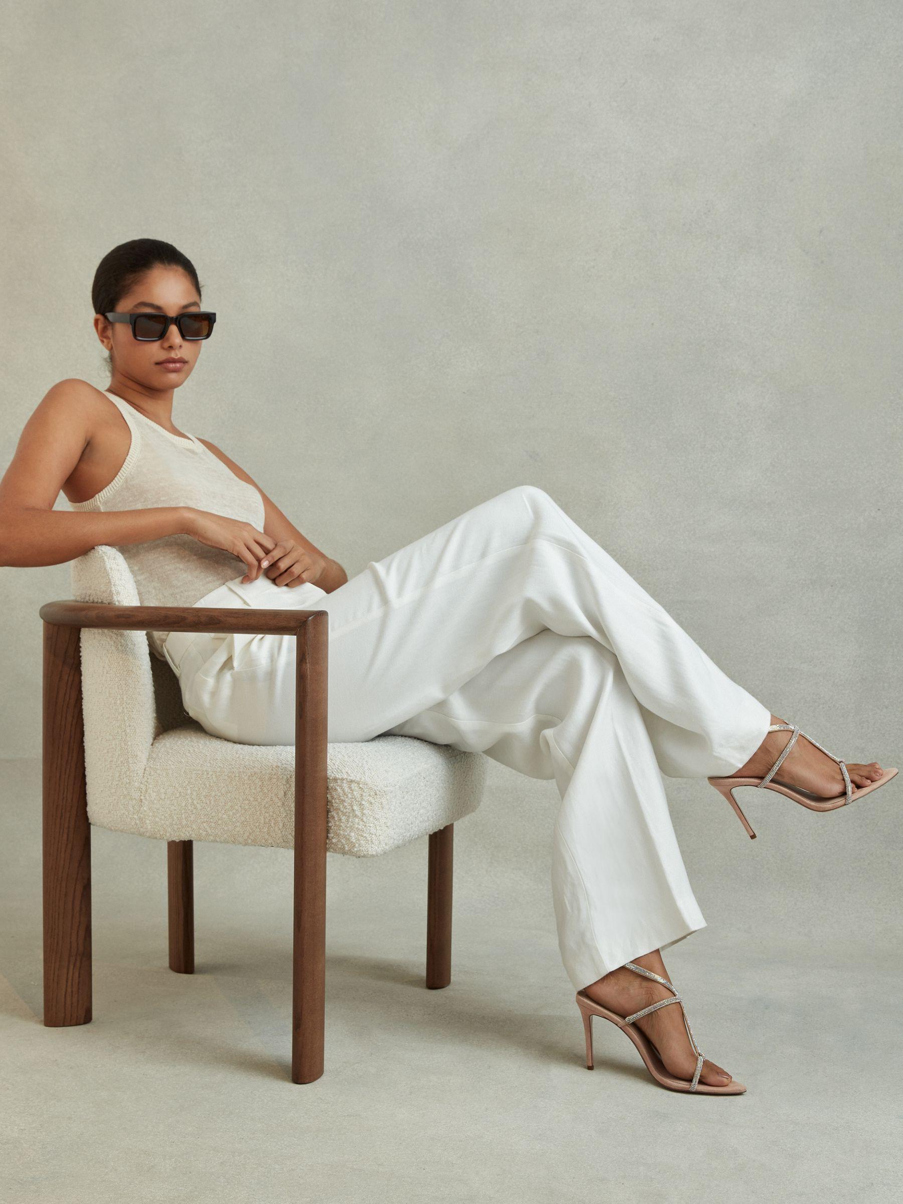Embellished Suede Heeled Sandals in Nude Product Image