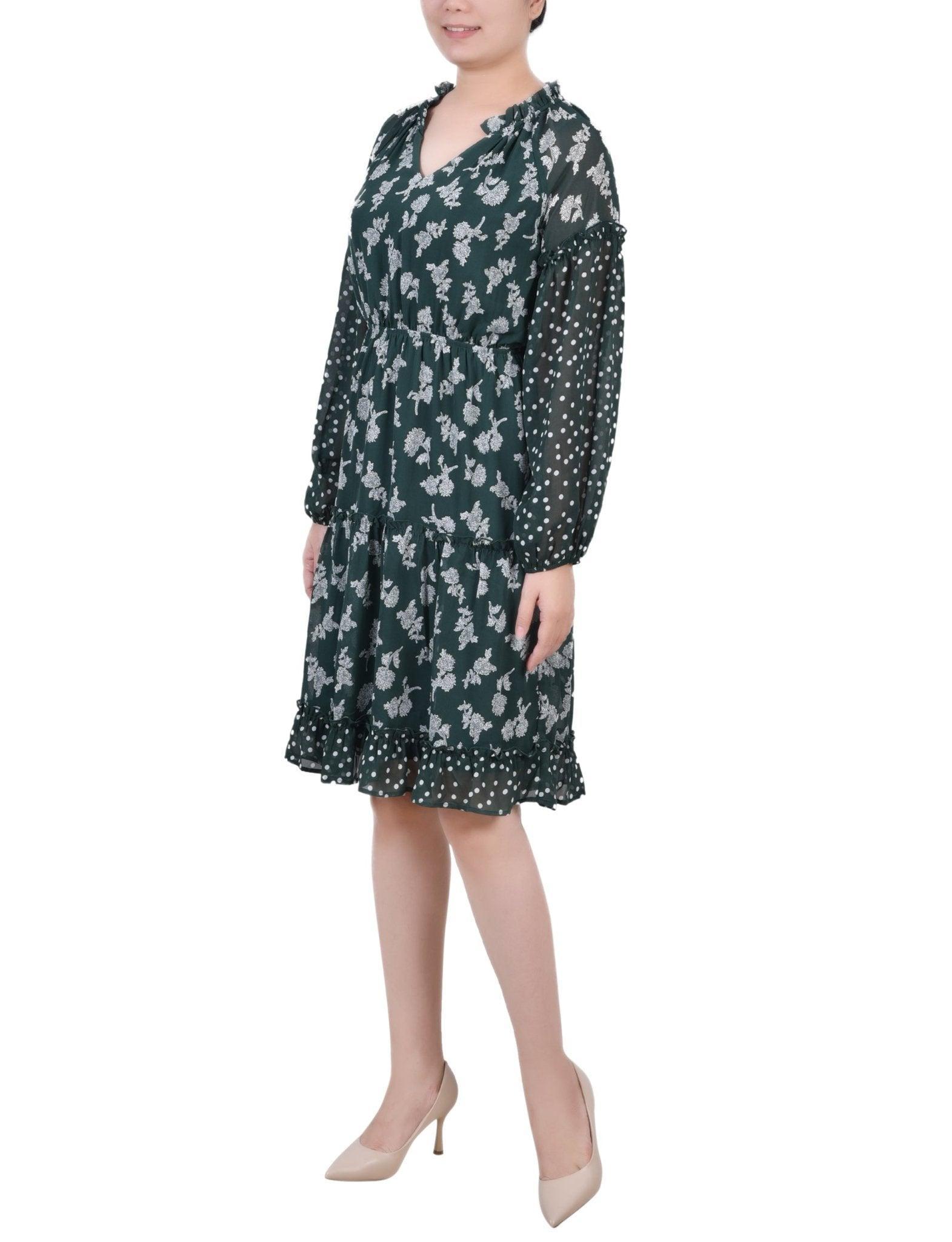 Botanical Garden Floral Dot Long Sleeve Combo Chiffon Dress - Petite Product Image