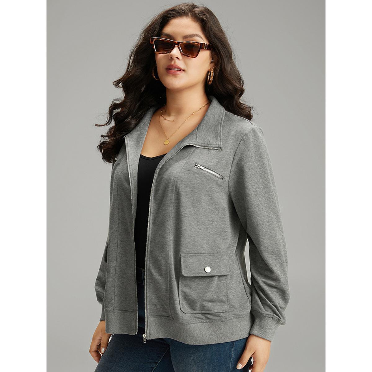 Plus Size Solid Zipper Pocket Jacket Women Gray Plain Pocket Everyday Jackets BloomChic 10/M Product Image