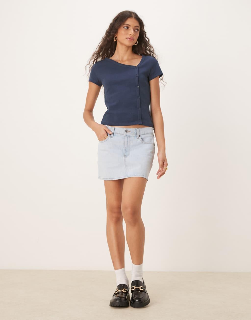 ASOS DESIGN waffle asymmetric button up long sleeve top in navy Product Image