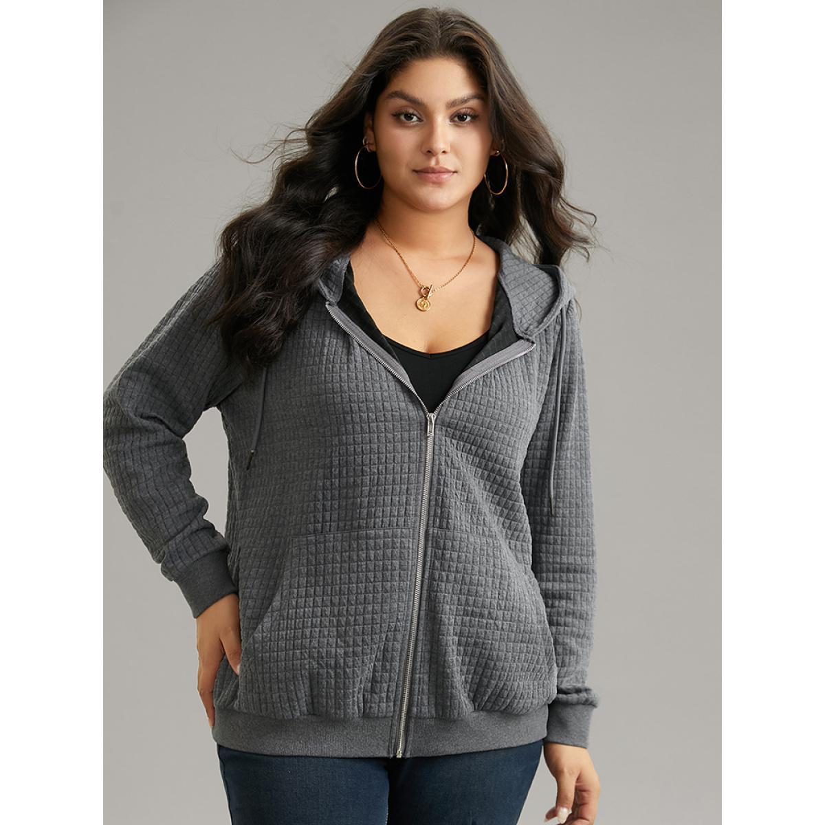 Plus Size Plain Zipper Drawstring Jacquard Jacket Women Gray Plain Pocket Everyday Jackets BloomChic 22-24/3X Product Image