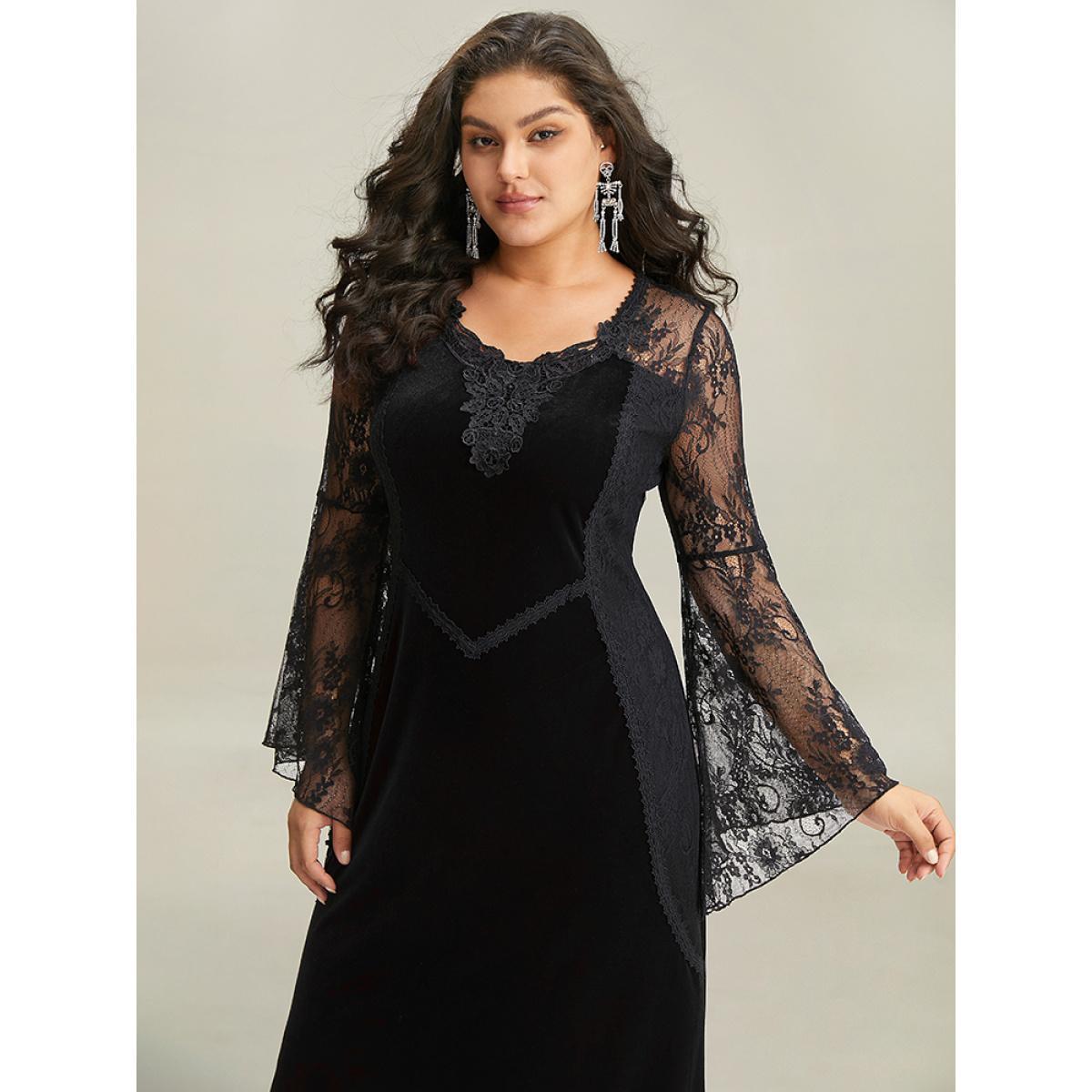 Plus Size Halloween Eyelet Lace Mesh Bell Sleeve Dress Black Women Elegant See through Round Neck Long Sleeve Curvy Midi Dress BloomChic 10/M Product Image