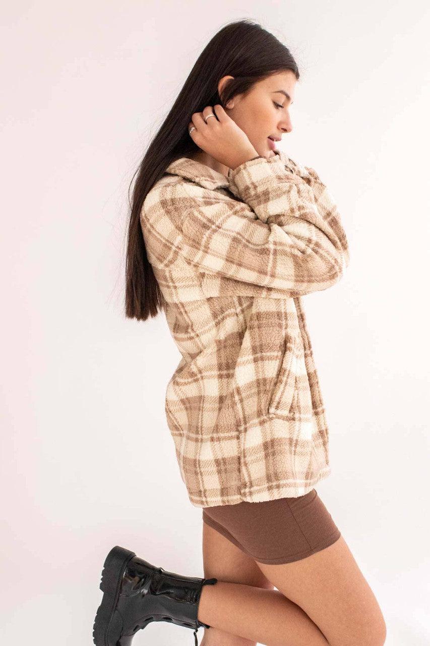 Khaki Plaid Sherpa Shacket Product Image